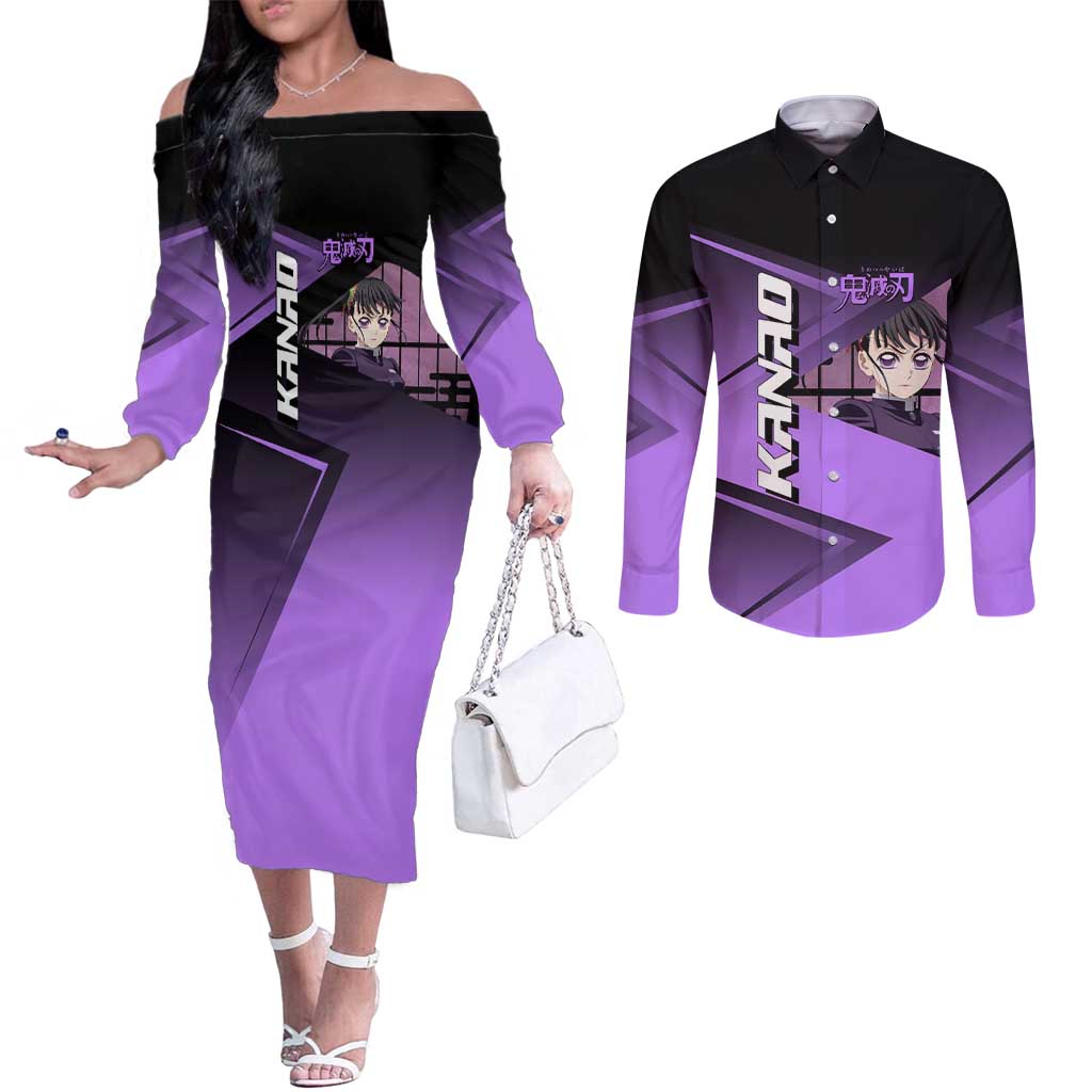 Kanao Tsuyuri Couples Matching Off The Shoulder Long Sleeve Dress and Long Sleeve Button Shirt Demon Slayer Tennis Crossover Style