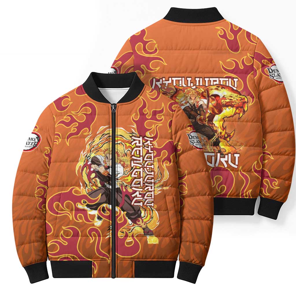 Rengoku Kyojuro Demon Slayer Bomber Puffer Jacket Inferno Anime Flame Crest Style