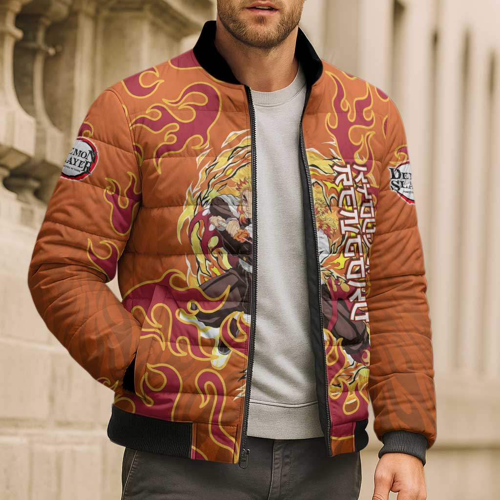 Rengoku Kyojuro Demon Slayer Bomber Puffer Jacket Inferno Anime Flame Crest Style