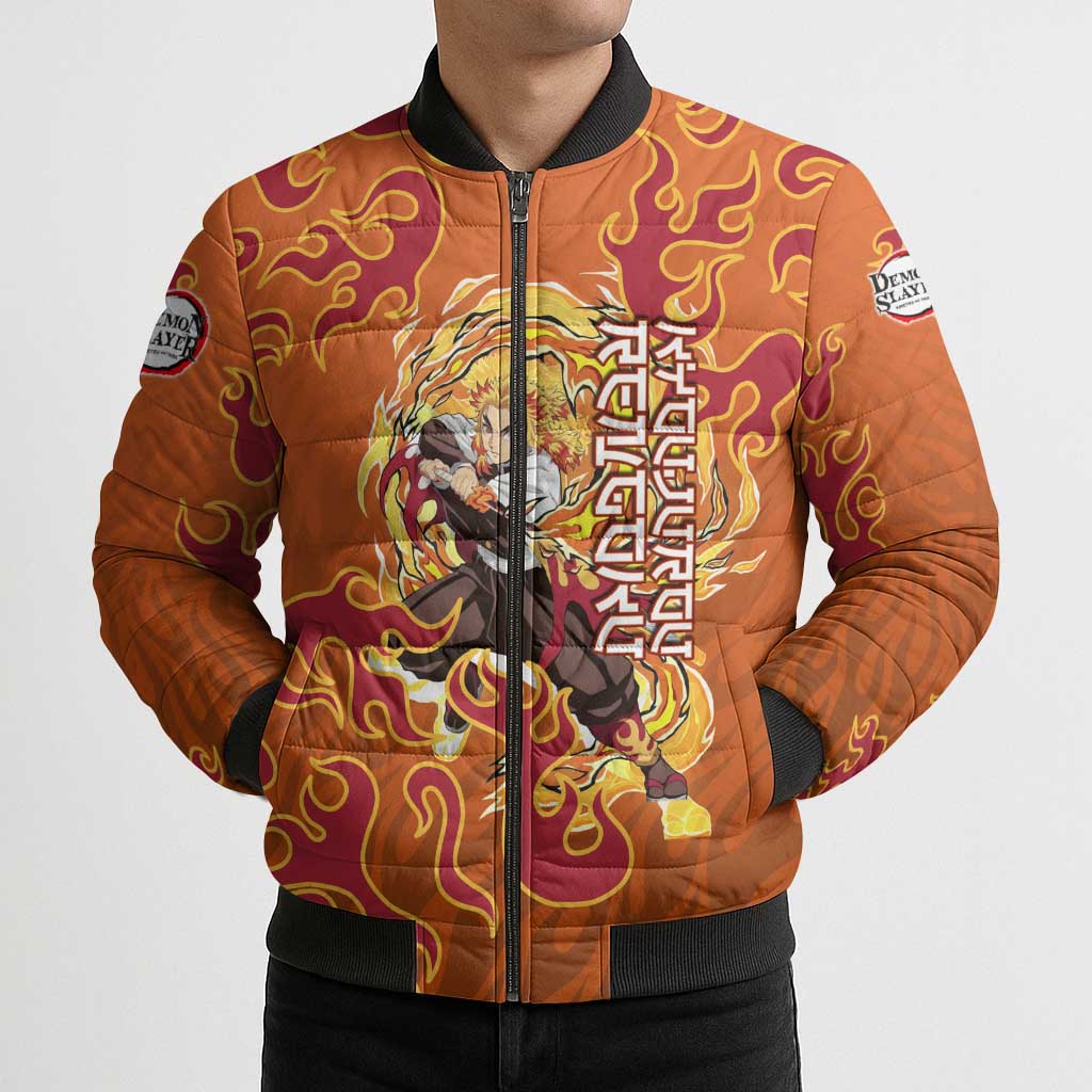 Rengoku Kyojuro Demon Slayer Bomber Puffer Jacket Inferno Anime Flame Crest Style