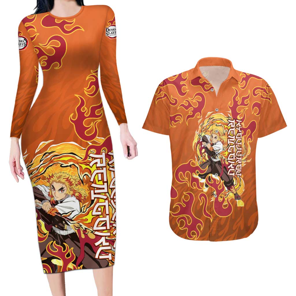 Rengoku Kyojuro Demon Slayer Couples Matching Long Sleeve Bodycon Dress and Hawaiian Shirt Inferno Anime Flame Crest Style