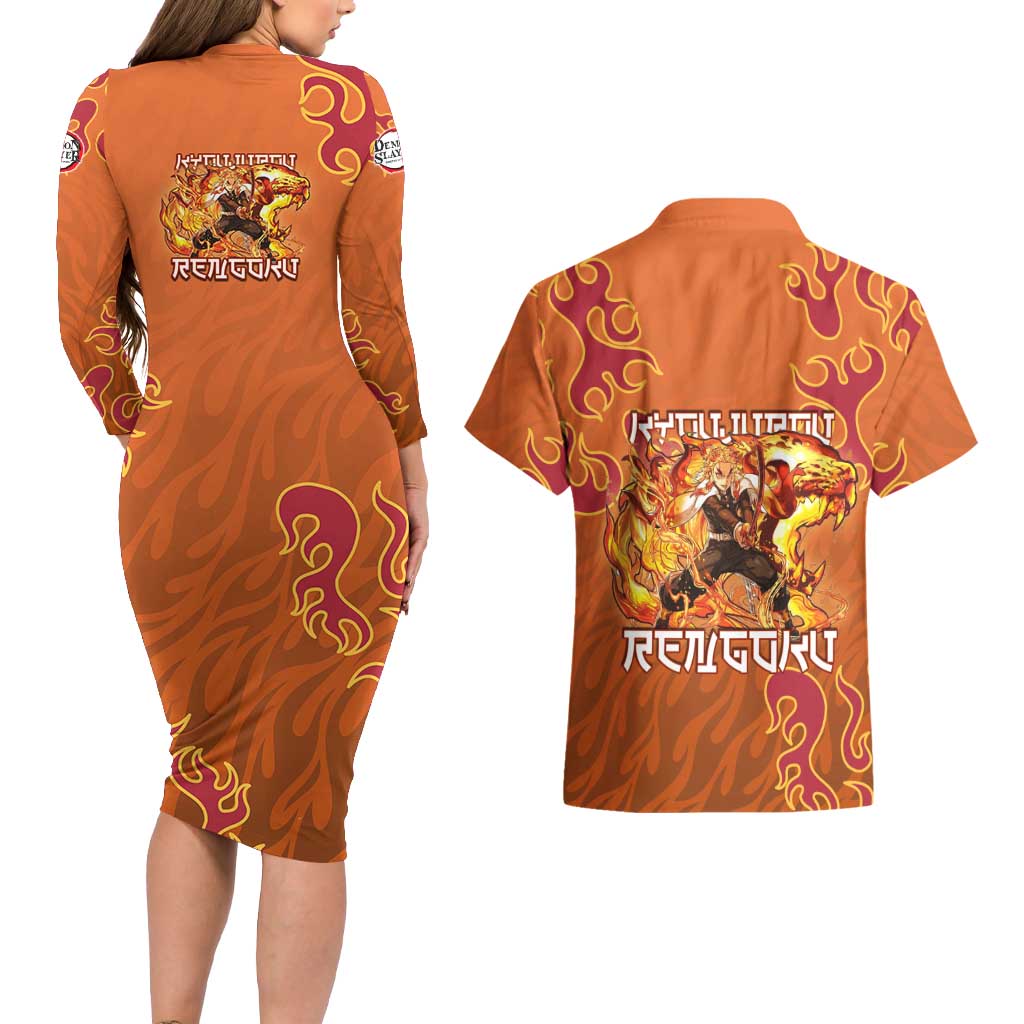 Rengoku Kyojuro Demon Slayer Couples Matching Long Sleeve Bodycon Dress and Hawaiian Shirt Inferno Anime Flame Crest Style
