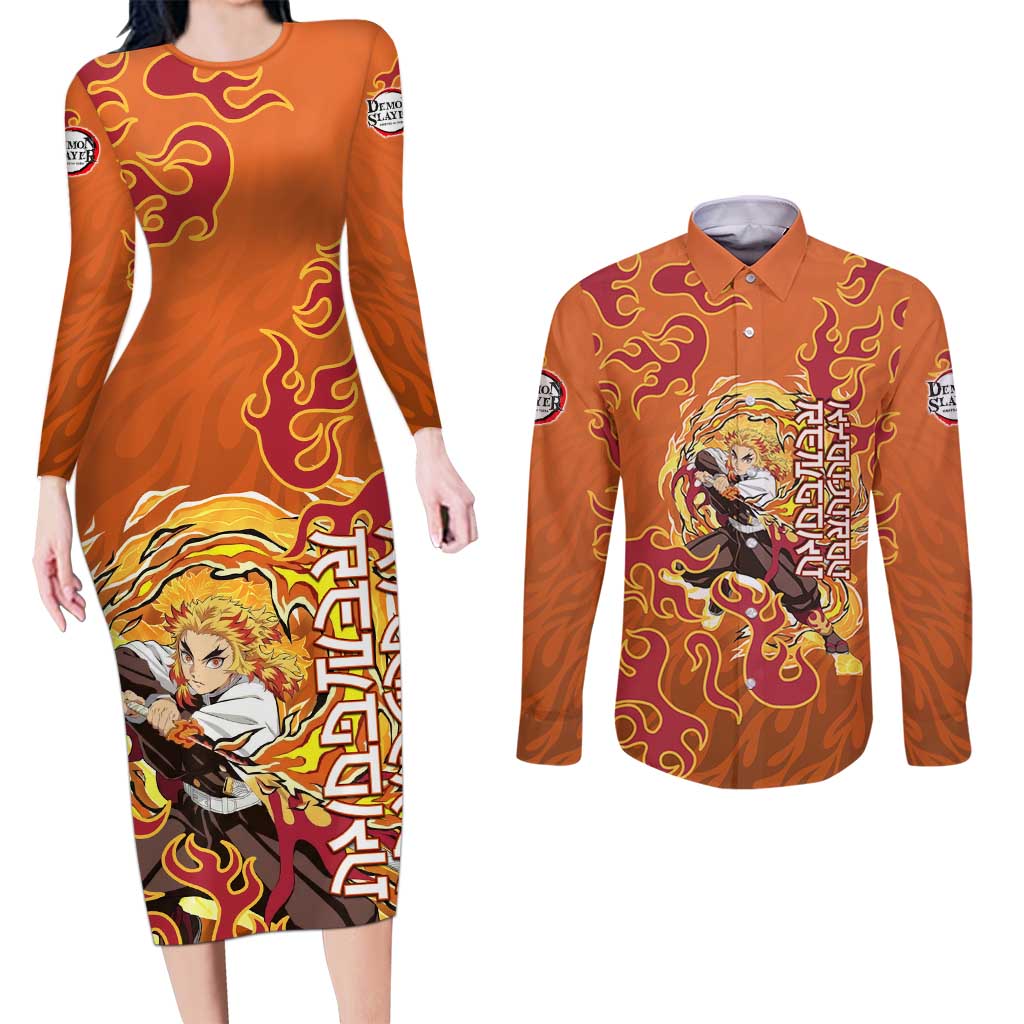 Rengoku Kyojuro Demon Slayer Couples Matching Long Sleeve Bodycon Dress and Long Sleeve Button Shirt Inferno Anime Flame Crest Style