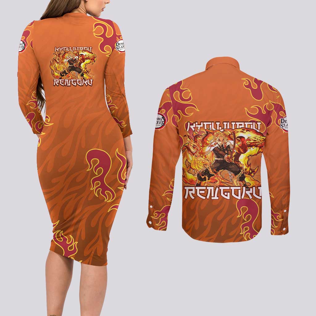 Rengoku Kyojuro Demon Slayer Couples Matching Long Sleeve Bodycon Dress and Long Sleeve Button Shirt Inferno Anime Flame Crest Style