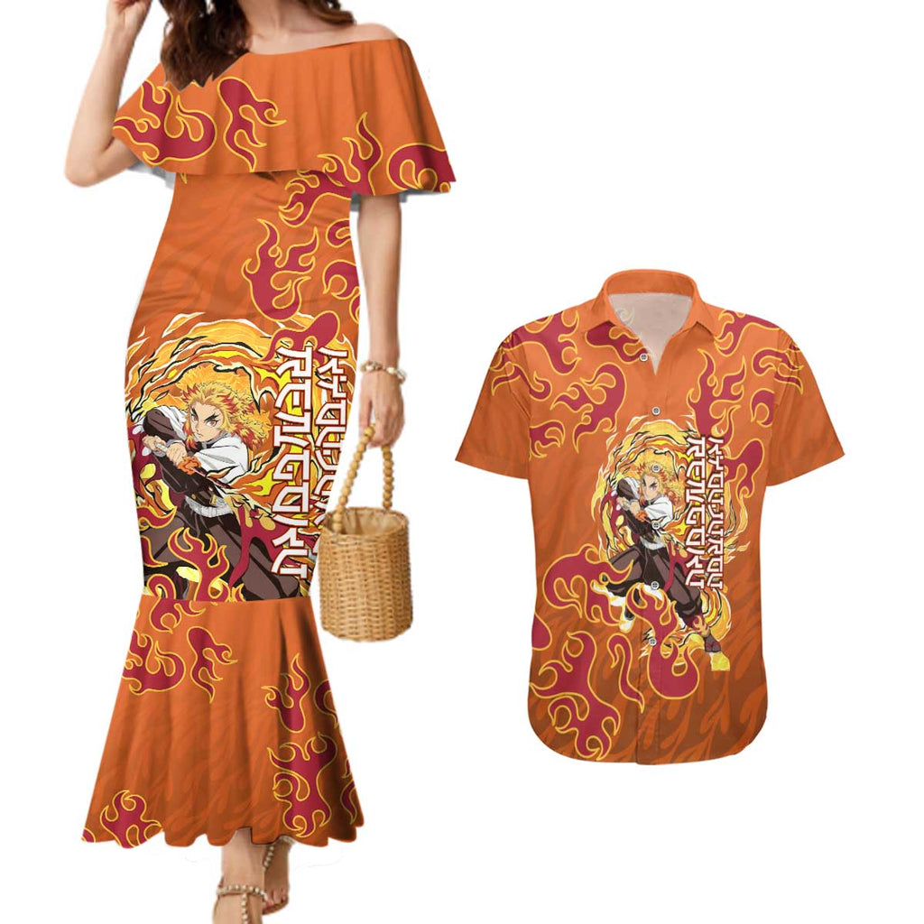 Rengoku Kyojuro Demon Slayer Couples Matching Mermaid Dress and Hawaiian Shirt Inferno Anime Flame Crest Style