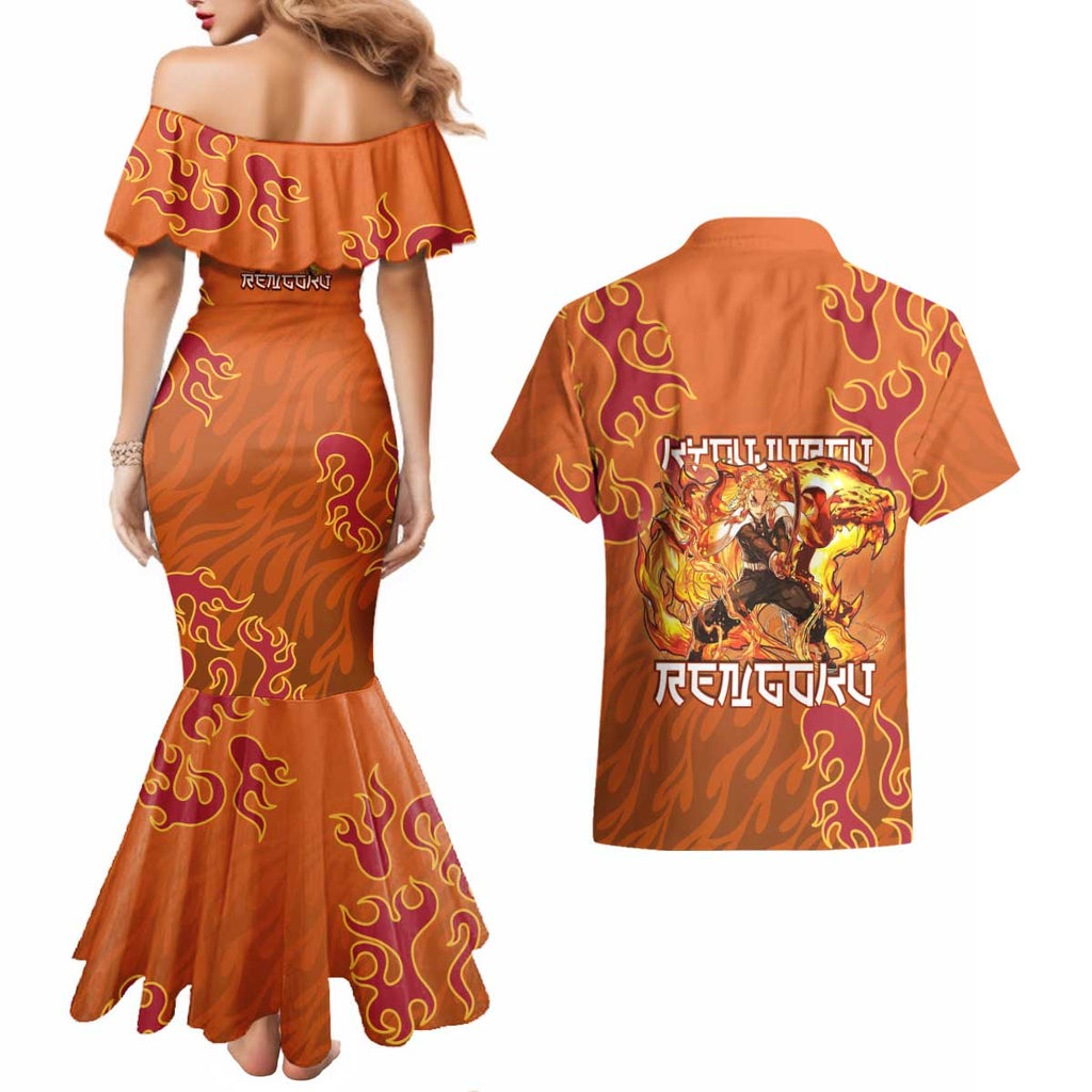 Rengoku Kyojuro Demon Slayer Couples Matching Mermaid Dress and Hawaiian Shirt Inferno Anime Flame Crest Style