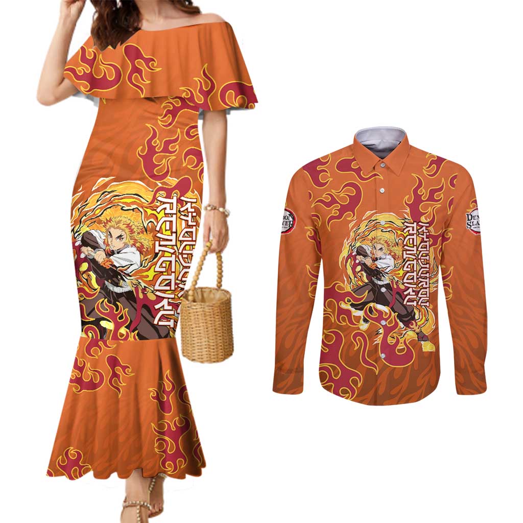 Rengoku Kyojuro Demon Slayer Couples Matching Mermaid Dress and Long Sleeve Button Shirt Inferno Anime Flame Crest Style