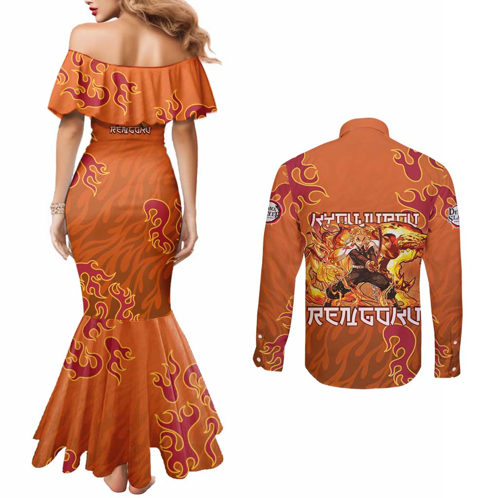 Rengoku Kyojuro Demon Slayer Couples Matching Mermaid Dress and Long Sleeve Button Shirt Inferno Anime Flame Crest Style
