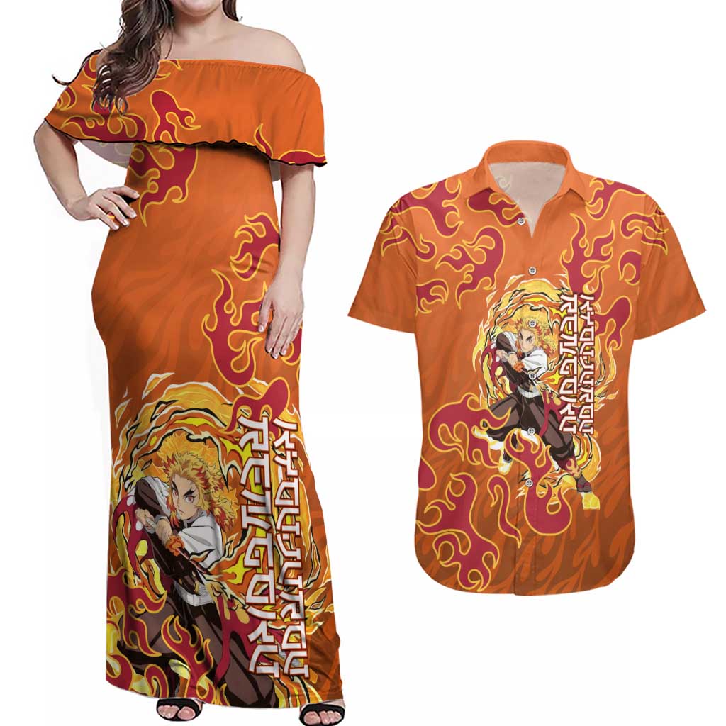 Rengoku Kyojuro Demon Slayer Couples Matching Off Shoulder Maxi Dress and Hawaiian Shirt Inferno Anime Flame Crest Style