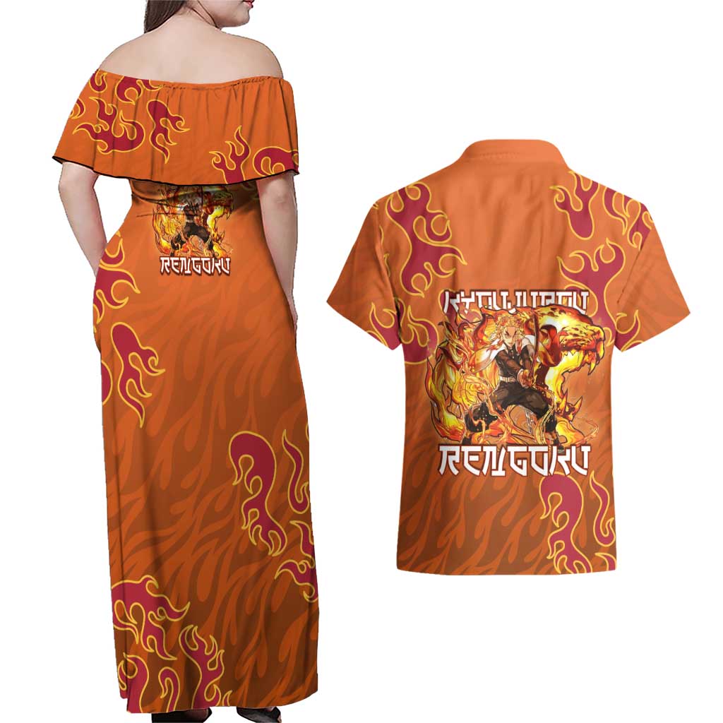 Rengoku Kyojuro Demon Slayer Couples Matching Off Shoulder Maxi Dress and Hawaiian Shirt Inferno Anime Flame Crest Style
