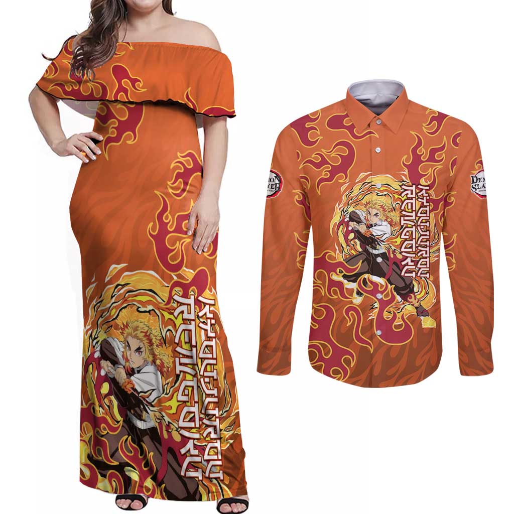 Rengoku Kyojuro Demon Slayer Couples Matching Off Shoulder Maxi Dress and Long Sleeve Button Shirt Inferno Anime Flame Crest Style