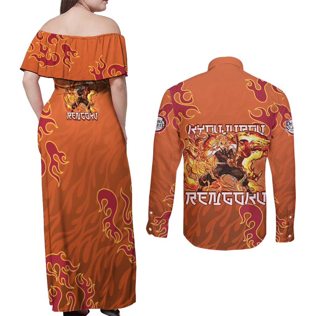 Rengoku Kyojuro Demon Slayer Couples Matching Off Shoulder Maxi Dress and Long Sleeve Button Shirt Inferno Anime Flame Crest Style