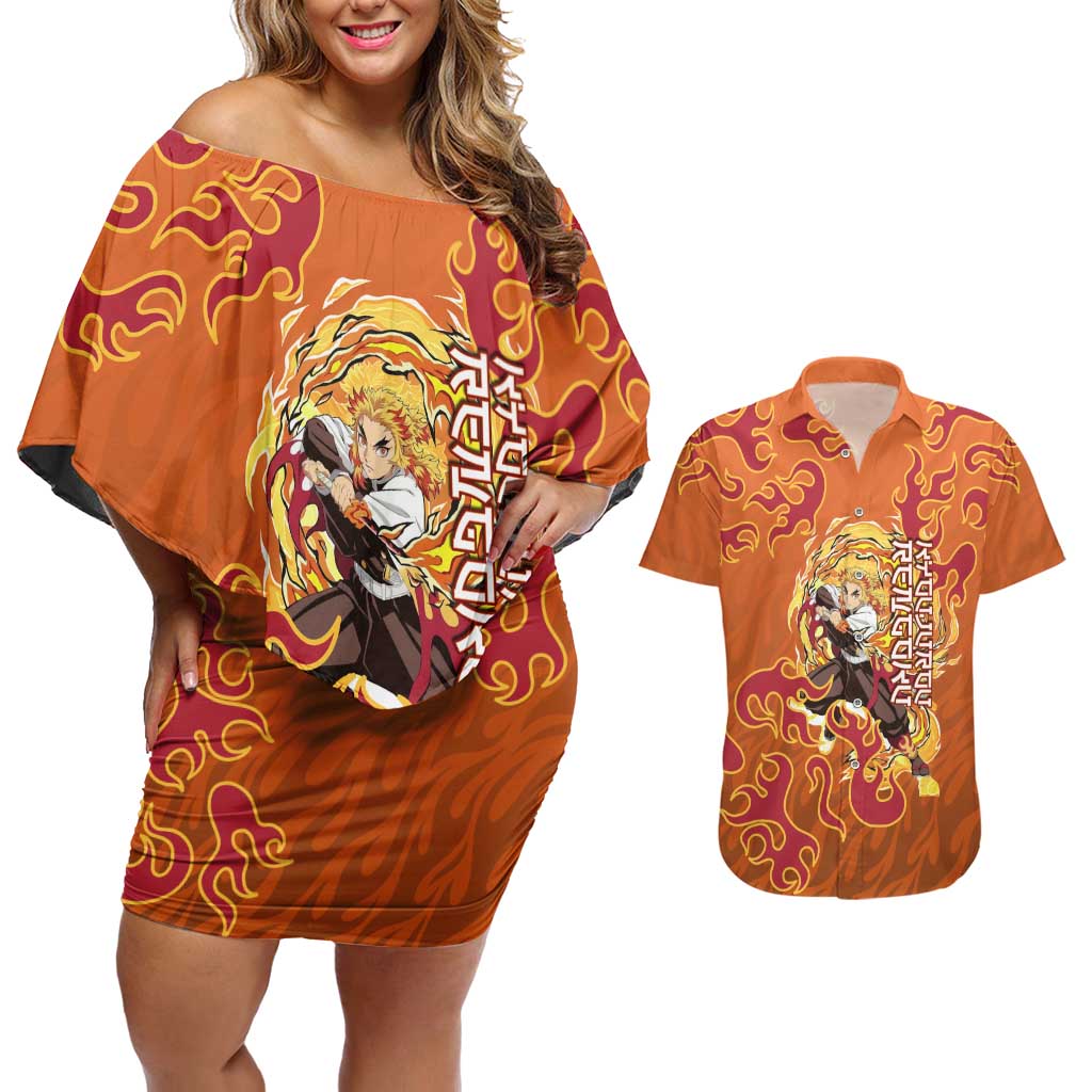 Rengoku Kyojuro Demon Slayer Couples Matching Off Shoulder Short Dress and Hawaiian Shirt Inferno Anime Flame Crest Style