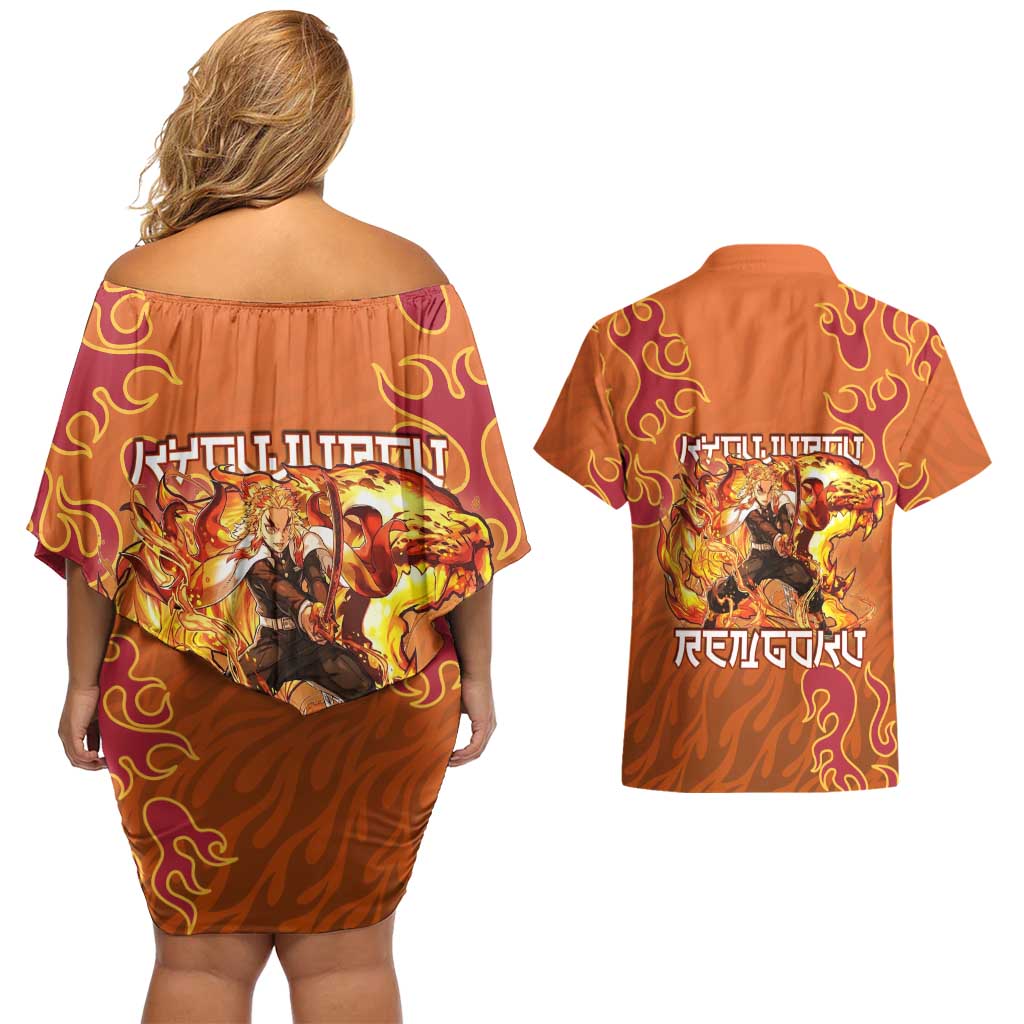 Rengoku Kyojuro Demon Slayer Couples Matching Off Shoulder Short Dress and Hawaiian Shirt Inferno Anime Flame Crest Style
