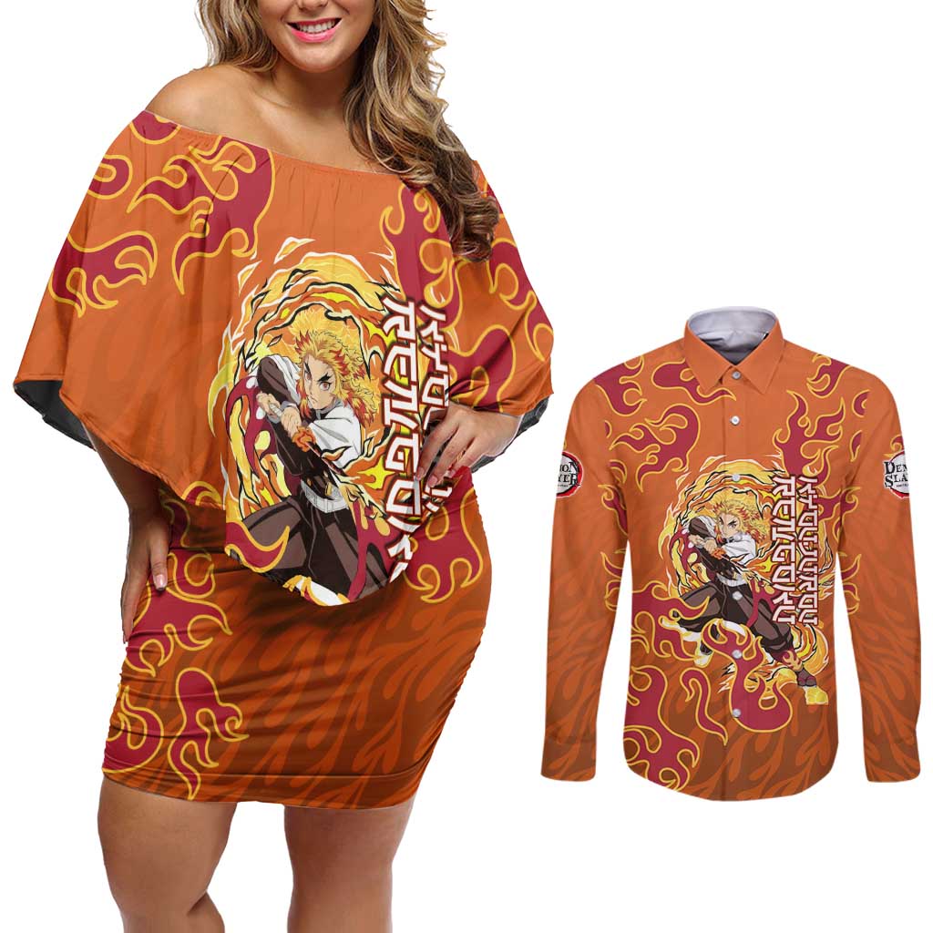 Rengoku Kyojuro Demon Slayer Couples Matching Off Shoulder Short Dress and Long Sleeve Button Shirt Inferno Anime Flame Crest Style