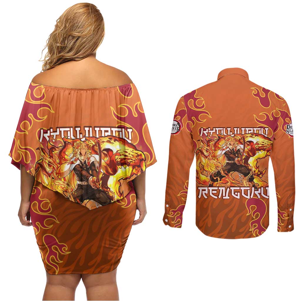 Rengoku Kyojuro Demon Slayer Couples Matching Off Shoulder Short Dress and Long Sleeve Button Shirt Inferno Anime Flame Crest Style