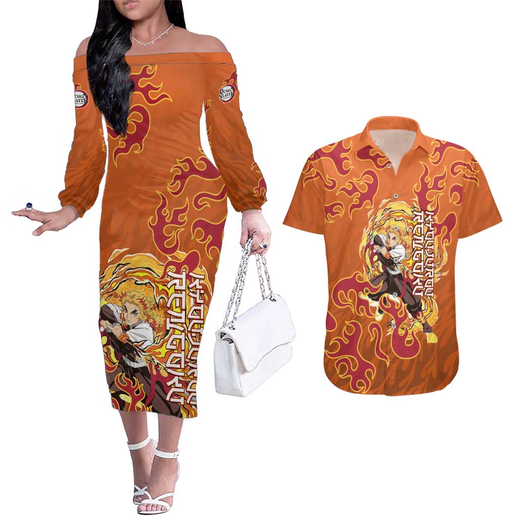 Rengoku Kyojuro Demon Slayer Couples Matching Off The Shoulder Long Sleeve Dress and Hawaiian Shirt Inferno Anime Flame Crest Style