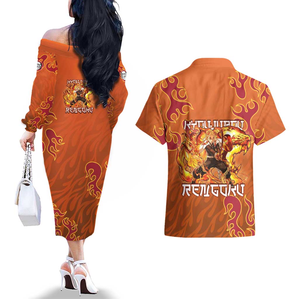Rengoku Kyojuro Demon Slayer Couples Matching Off The Shoulder Long Sleeve Dress and Hawaiian Shirt Inferno Anime Flame Crest Style