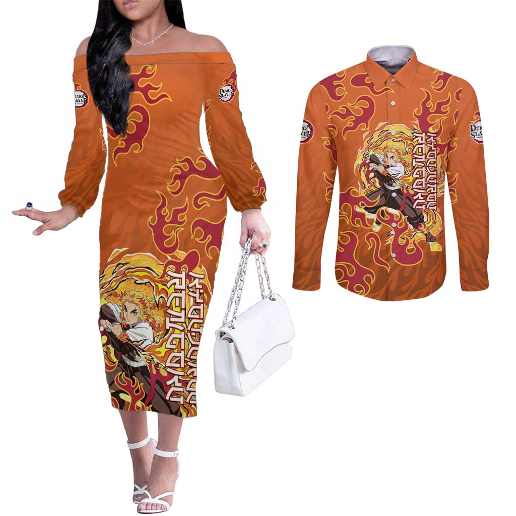 Rengoku Kyojuro Demon Slayer Couples Matching Off The Shoulder Long Sleeve Dress and Long Sleeve Button Shirt Inferno Anime Flame Crest Style