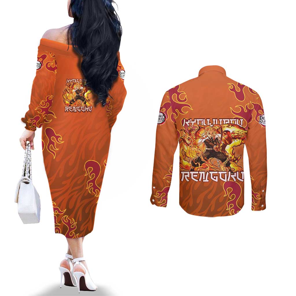 Rengoku Kyojuro Demon Slayer Couples Matching Off The Shoulder Long Sleeve Dress and Long Sleeve Button Shirt Inferno Anime Flame Crest Style