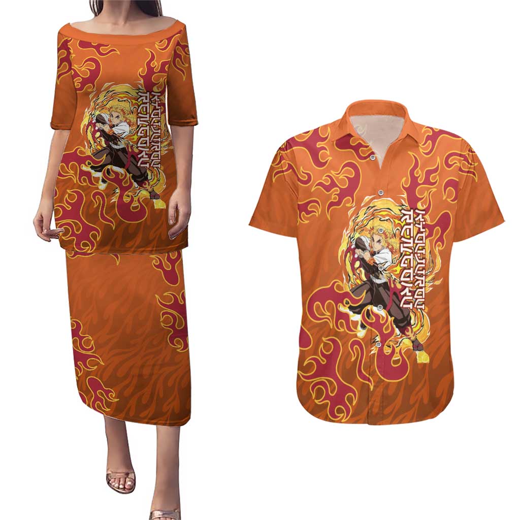 Rengoku Kyojuro Demon Slayer Couples Matching Puletasi and Hawaiian Shirt Inferno Anime Flame Crest Style