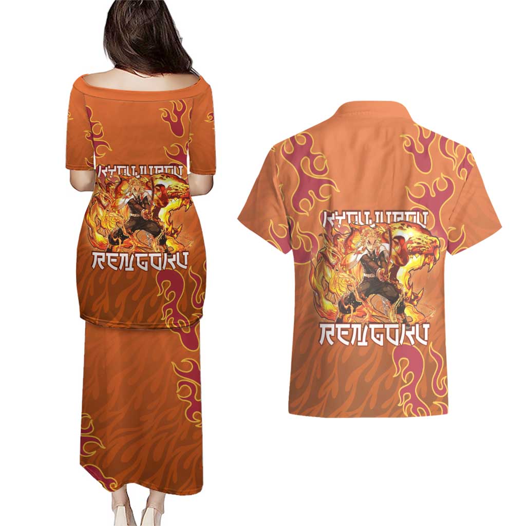 Rengoku Kyojuro Demon Slayer Couples Matching Puletasi and Hawaiian Shirt Inferno Anime Flame Crest Style