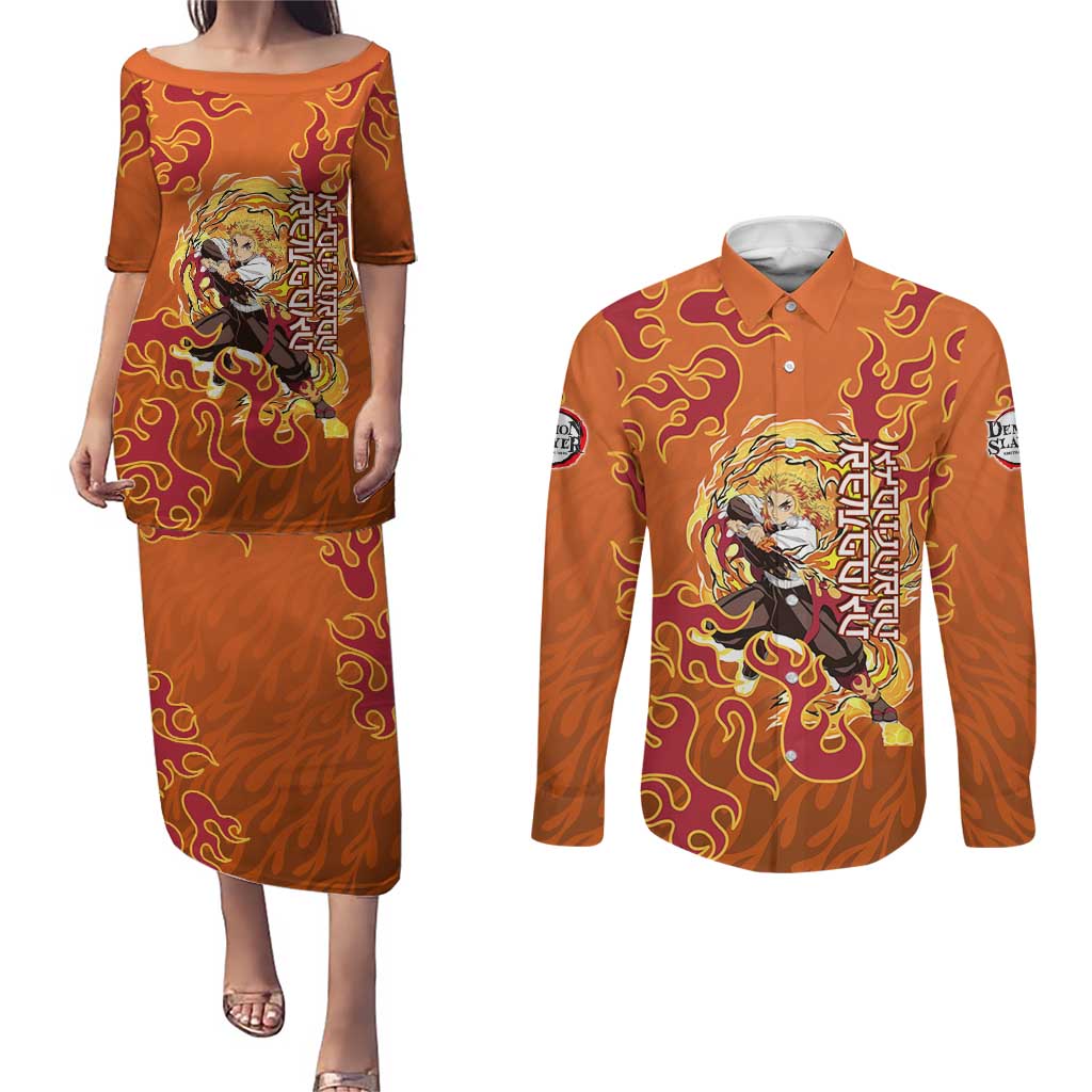 Rengoku Kyojuro Demon Slayer Couples Matching Puletasi and Long Sleeve Button Shirt Inferno Anime Flame Crest Style