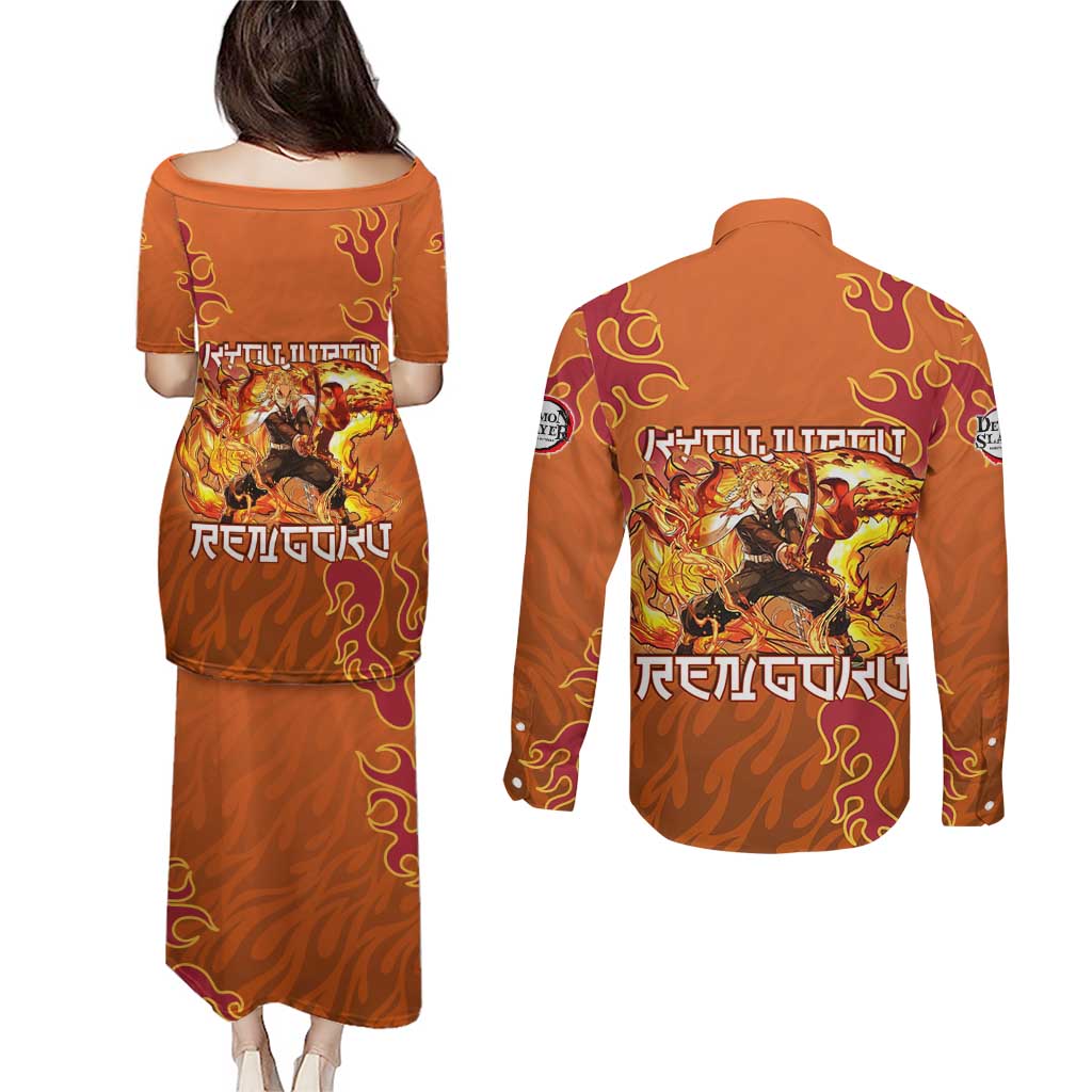 Rengoku Kyojuro Demon Slayer Couples Matching Puletasi and Long Sleeve Button Shirt Inferno Anime Flame Crest Style