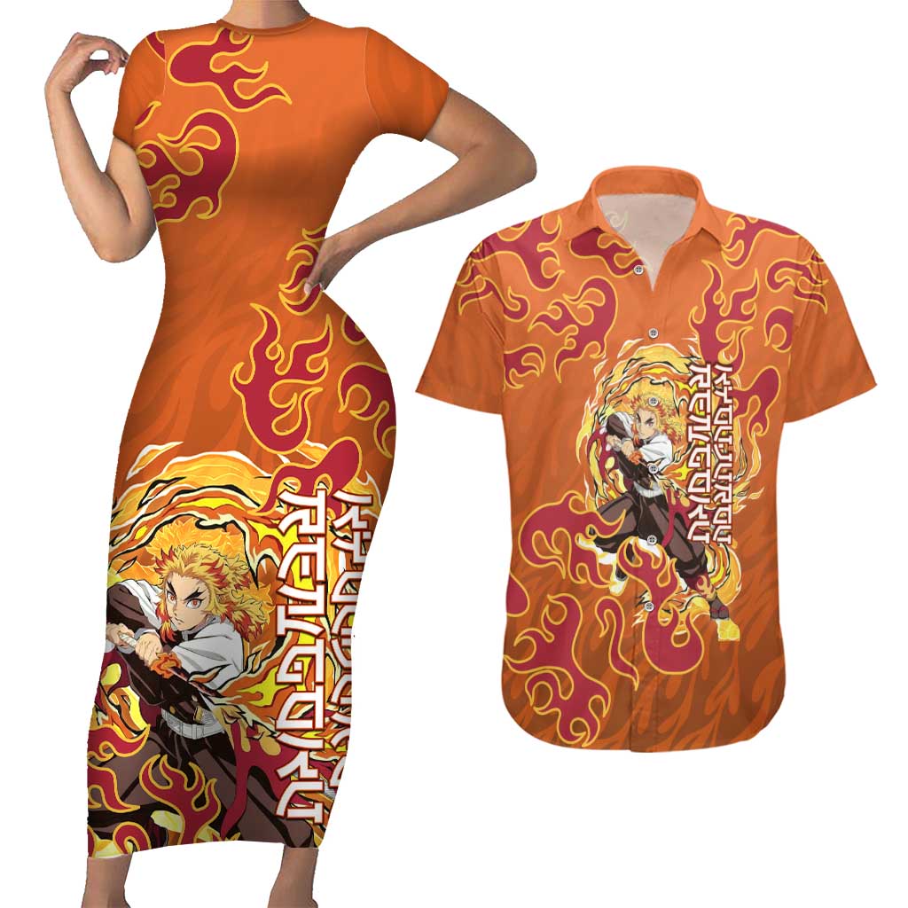 Rengoku Kyojuro Demon Slayer Couples Matching Short Sleeve Bodycon Dress and Hawaiian Shirt Inferno Anime Flame Crest Style