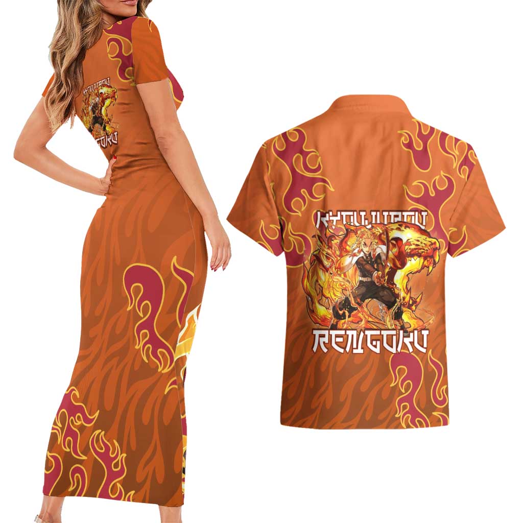 Rengoku Kyojuro Demon Slayer Couples Matching Short Sleeve Bodycon Dress and Hawaiian Shirt Inferno Anime Flame Crest Style