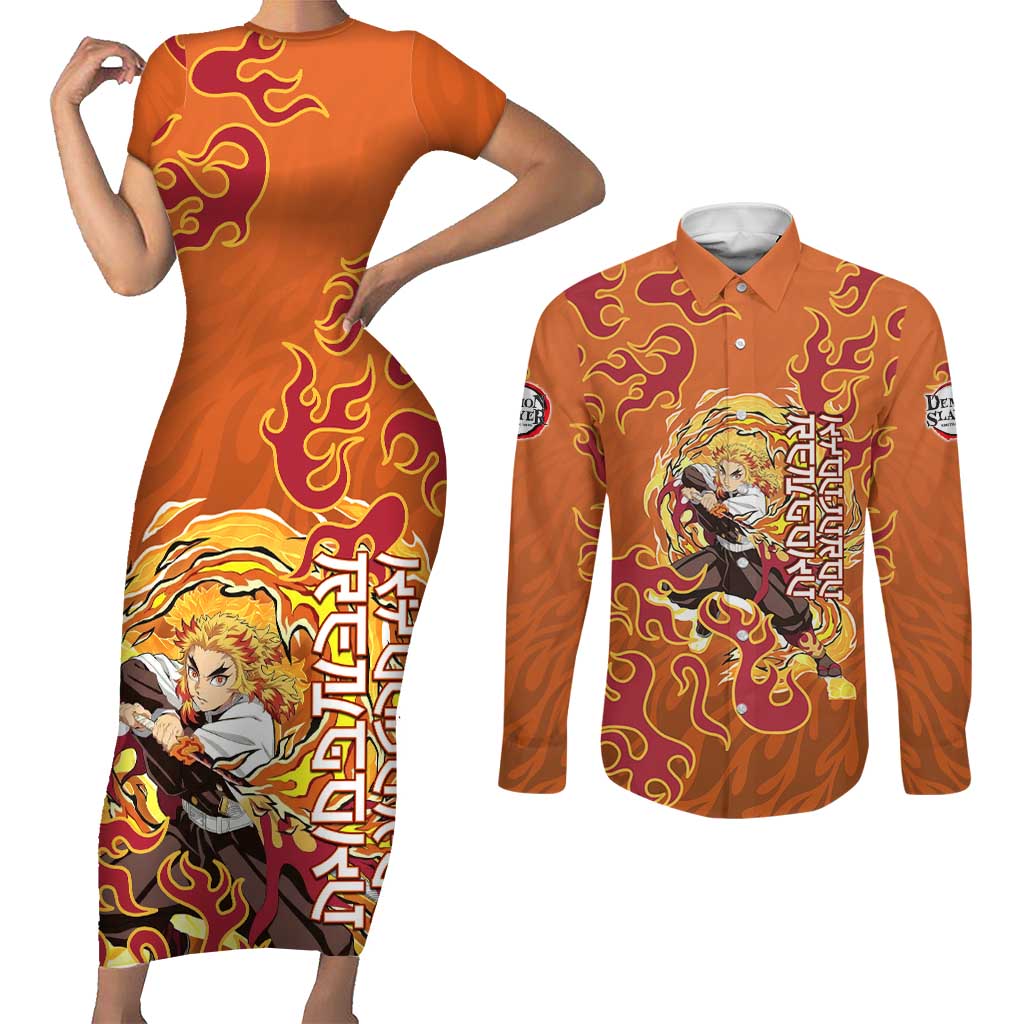Rengoku Kyojuro Demon Slayer Couples Matching Short Sleeve Bodycon Dress and Long Sleeve Button Shirt Inferno Anime Flame Crest Style