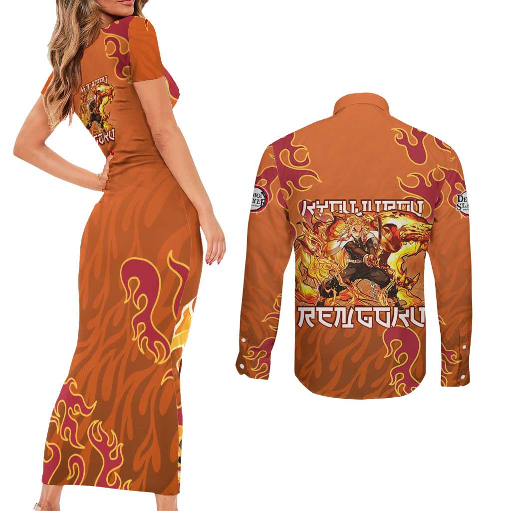 Rengoku Kyojuro Demon Slayer Couples Matching Short Sleeve Bodycon Dress and Long Sleeve Button Shirt Inferno Anime Flame Crest Style