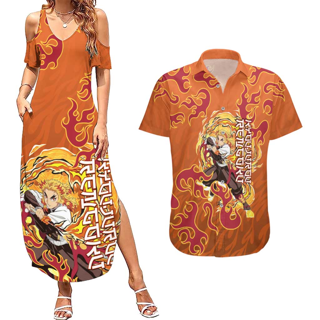 Rengoku Kyojuro Demon Slayer Couples Matching Summer Maxi Dress and Hawaiian Shirt Inferno Anime Flame Crest Style