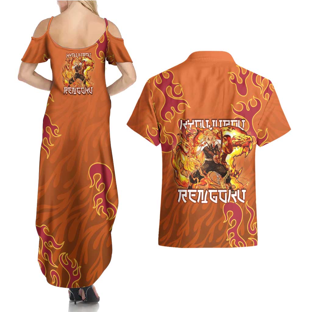 Rengoku Kyojuro Demon Slayer Couples Matching Summer Maxi Dress and Hawaiian Shirt Inferno Anime Flame Crest Style