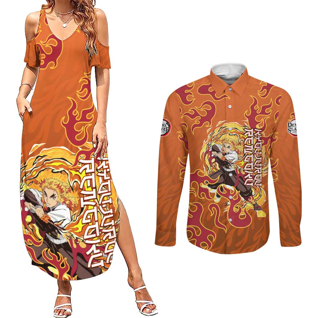 Rengoku Kyojuro Demon Slayer Couples Matching Summer Maxi Dress and Long Sleeve Button Shirt Inferno Anime Flame Crest Style