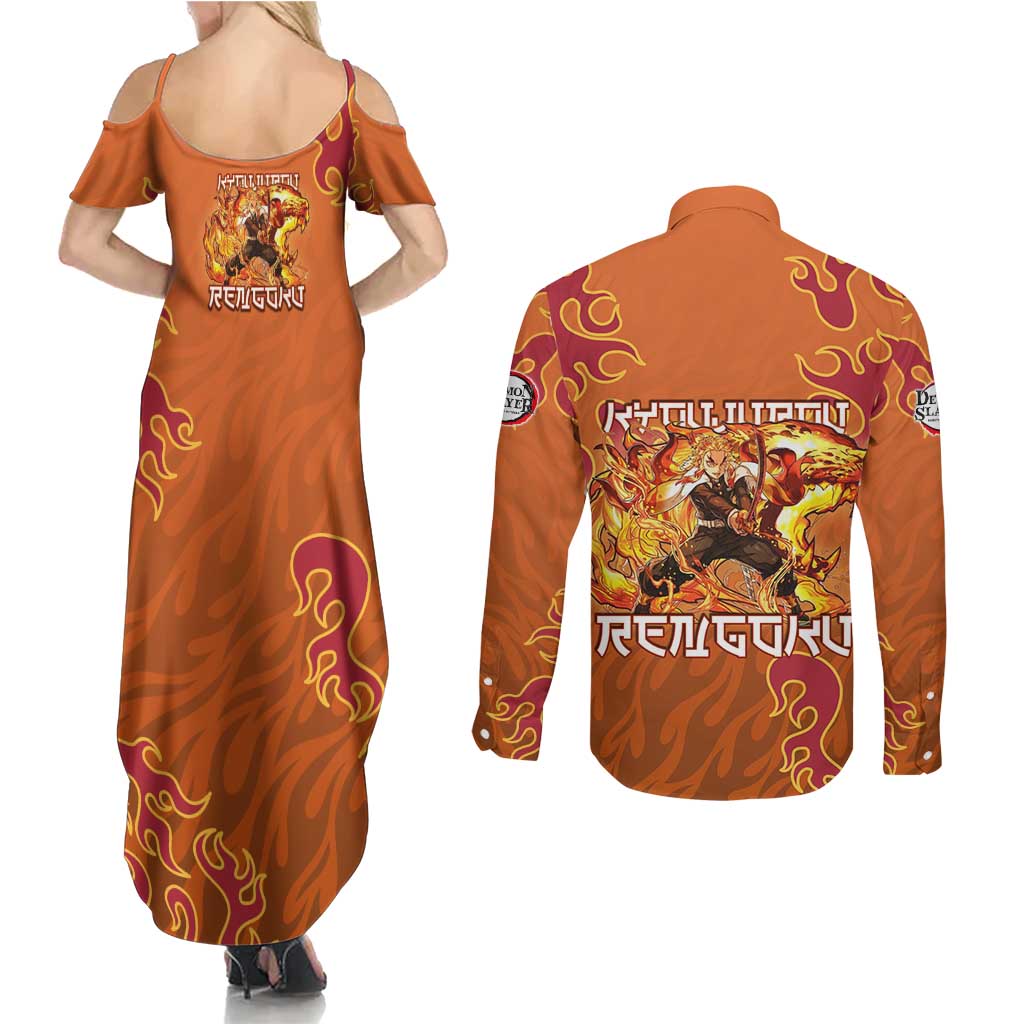 Rengoku Kyojuro Demon Slayer Couples Matching Summer Maxi Dress and Long Sleeve Button Shirt Inferno Anime Flame Crest Style