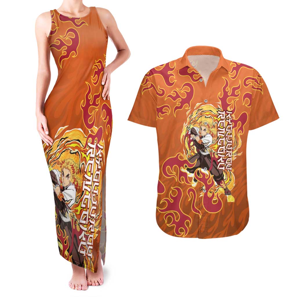 Rengoku Kyojuro Demon Slayer Couples Matching Tank Maxi Dress and Hawaiian Shirt Inferno Anime Flame Crest Style