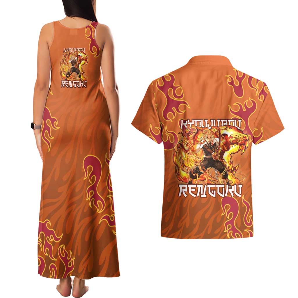 Rengoku Kyojuro Demon Slayer Couples Matching Tank Maxi Dress and Hawaiian Shirt Inferno Anime Flame Crest Style