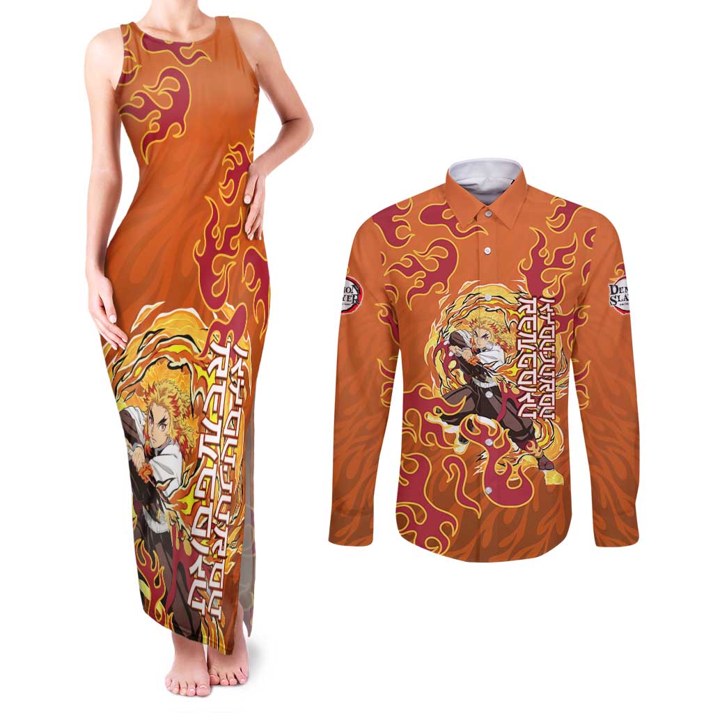 Rengoku Kyojuro Demon Slayer Couples Matching Tank Maxi Dress and Long Sleeve Button Shirt Inferno Anime Flame Crest Style