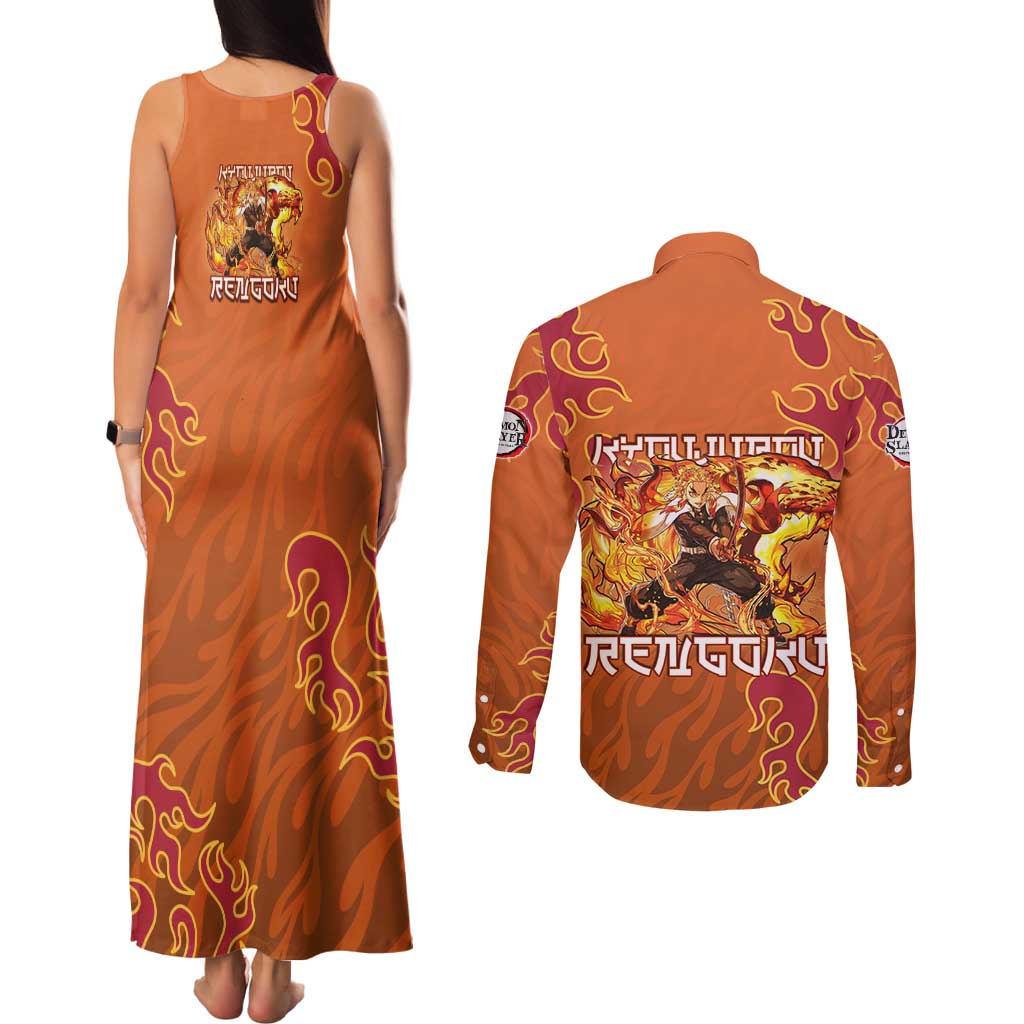 Rengoku Kyojuro Demon Slayer Couples Matching Tank Maxi Dress and Long Sleeve Button Shirt Inferno Anime Flame Crest Style