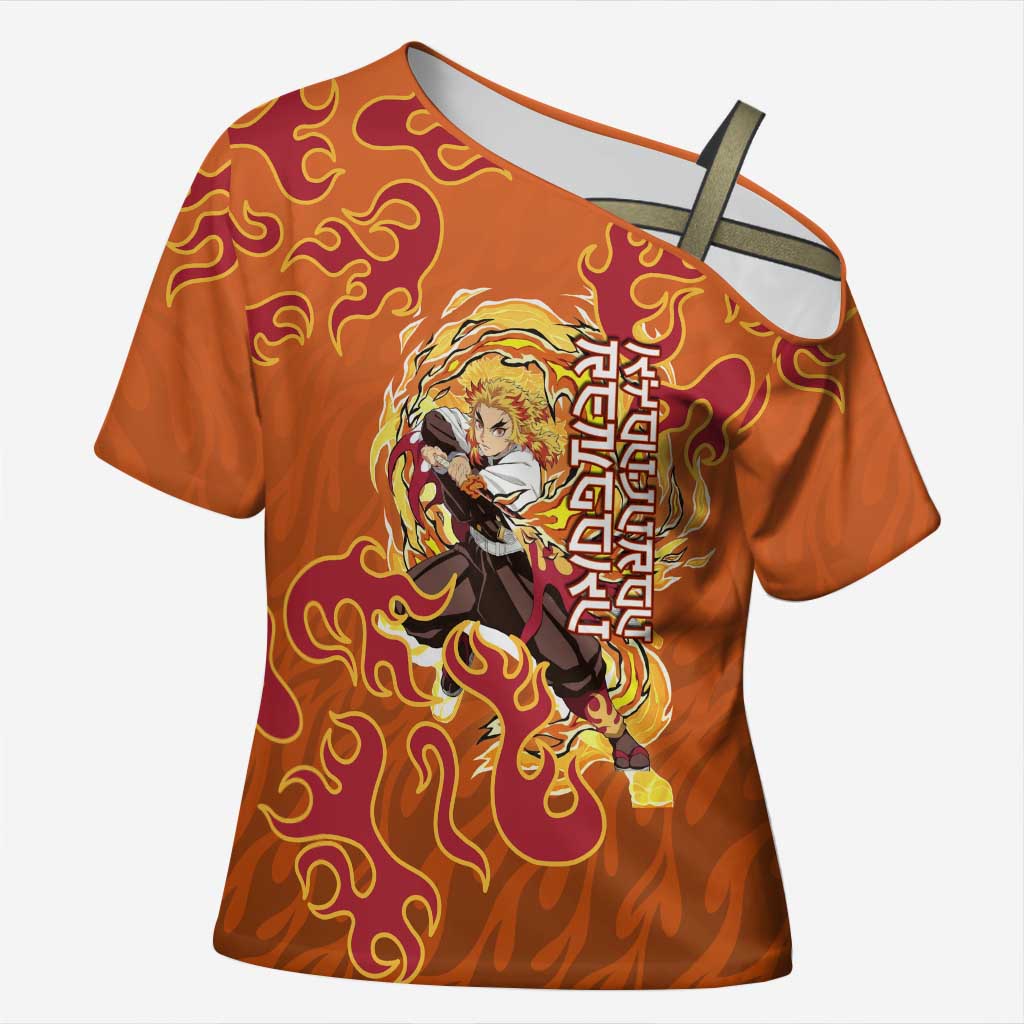 Rengoku Kyojuro Demon Slayer Cross Shoulder Shirt Inferno Anime Flame Crest Style