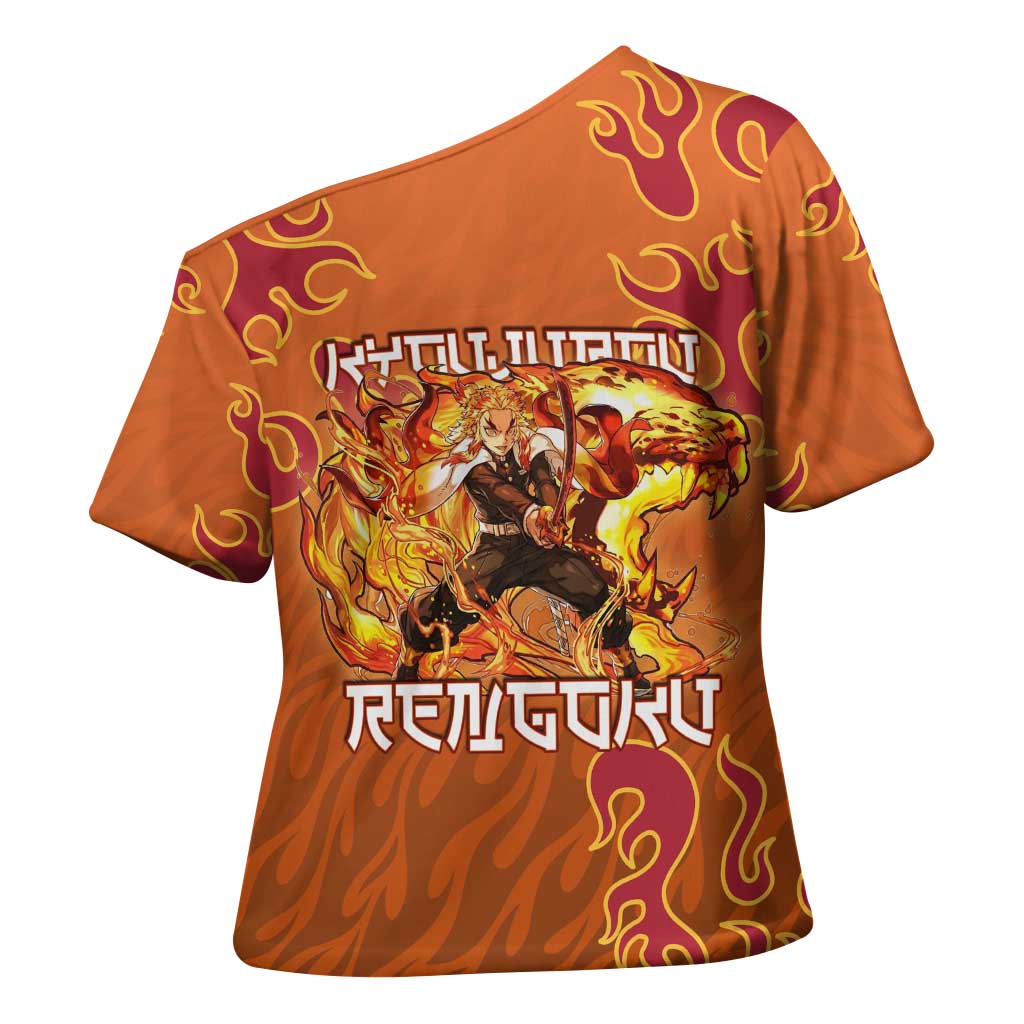 Rengoku Kyojuro Demon Slayer Cross Shoulder Shirt Inferno Anime Flame Crest Style