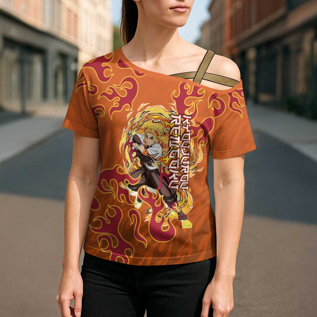 Rengoku Kyojuro Demon Slayer Cross Shoulder Shirt Inferno Anime Flame Crest Style