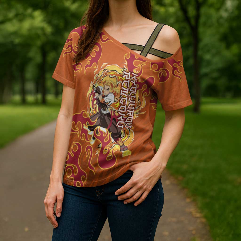 Rengoku Kyojuro Demon Slayer Cross Shoulder Shirt Inferno Anime Flame Crest Style