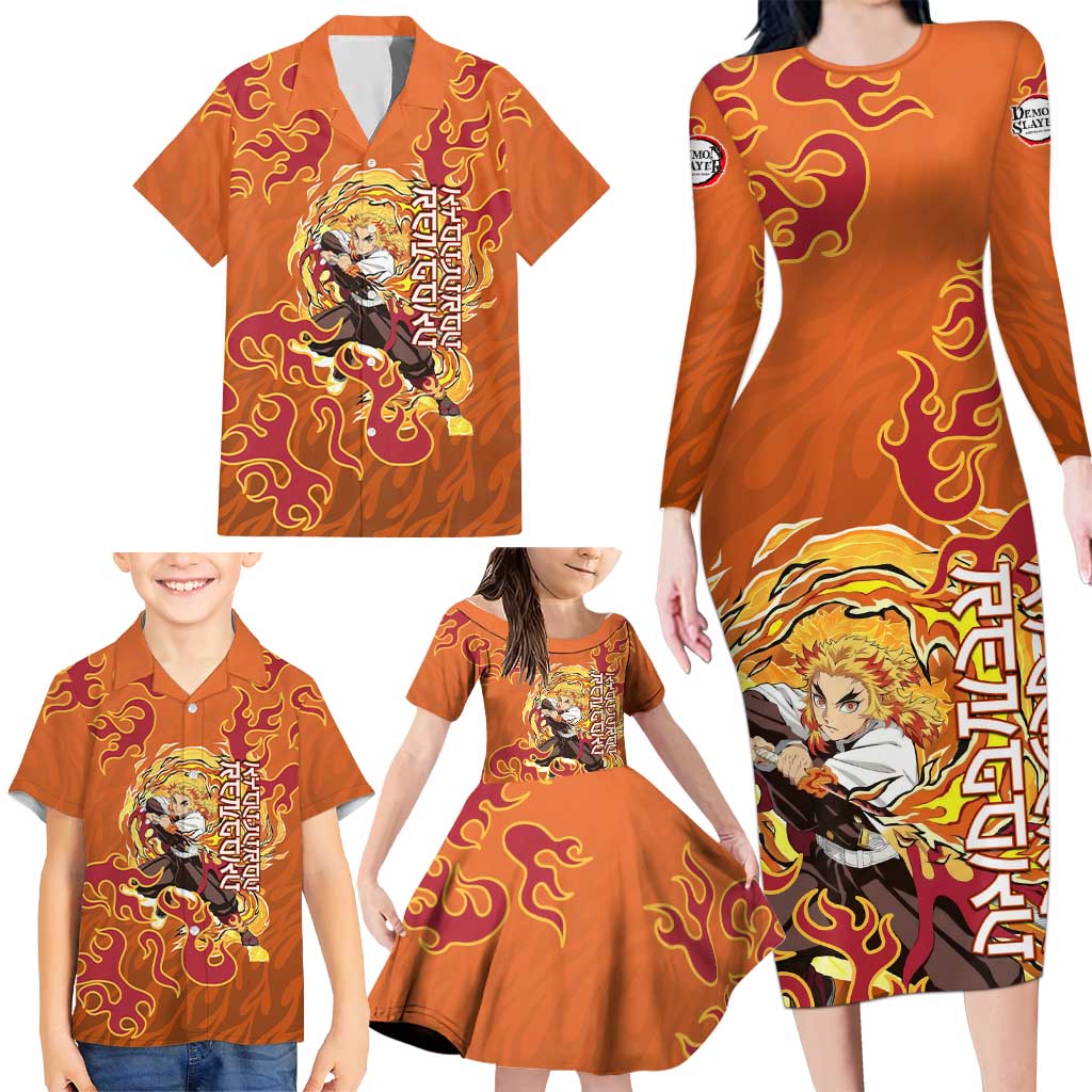 Rengoku Kyojuro Demon Slayer Family Matching Long Sleeve Bodycon Dress and Hawaiian Shirt Inferno Anime Flame Crest Style