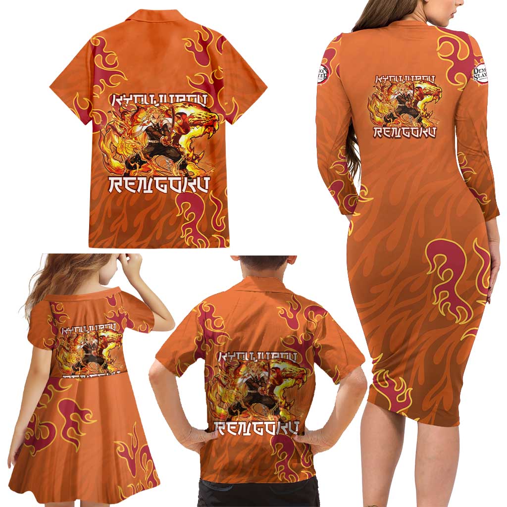 Rengoku Kyojuro Demon Slayer Family Matching Long Sleeve Bodycon Dress and Hawaiian Shirt Inferno Anime Flame Crest Style
