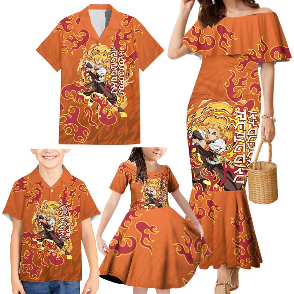 Rengoku Kyojuro Demon Slayer Family Matching Mermaid Dress and Hawaiian Shirt Inferno Anime Flame Crest Style