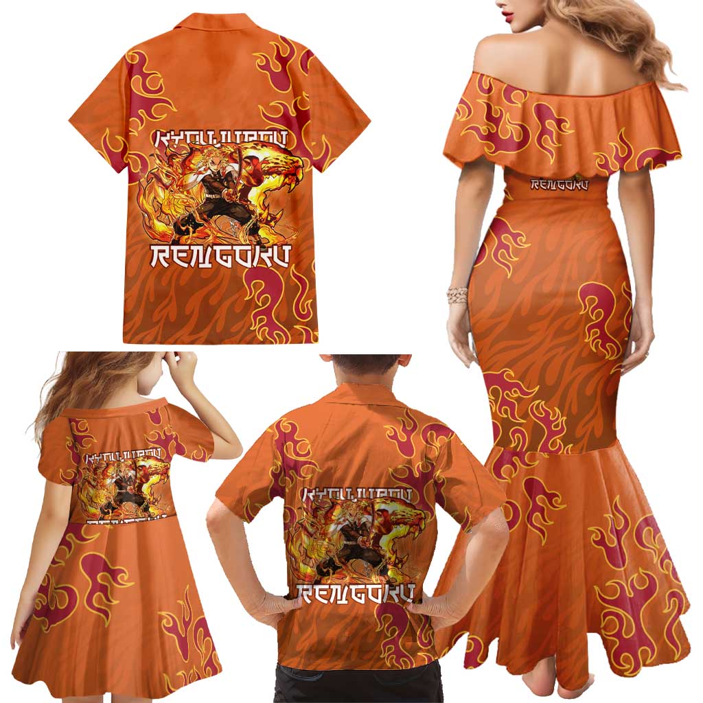 Rengoku Kyojuro Demon Slayer Family Matching Mermaid Dress and Hawaiian Shirt Inferno Anime Flame Crest Style