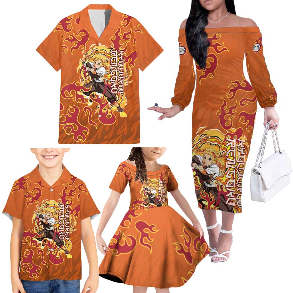 Rengoku Kyojuro Demon Slayer Family Matching Off The Shoulder Long Sleeve Dress and Hawaiian Shirt Inferno Anime Flame Crest Style