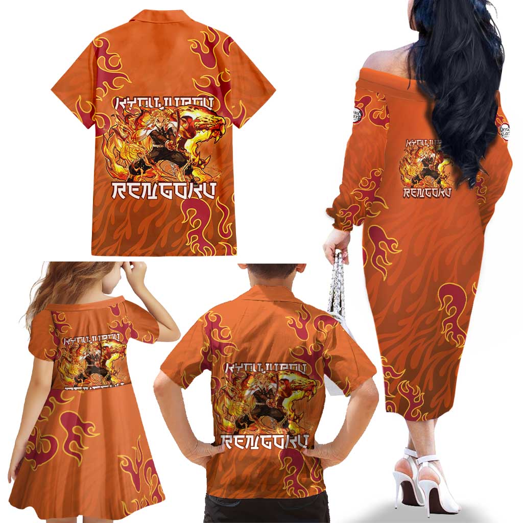 Rengoku Kyojuro Demon Slayer Family Matching Off The Shoulder Long Sleeve Dress and Hawaiian Shirt Inferno Anime Flame Crest Style